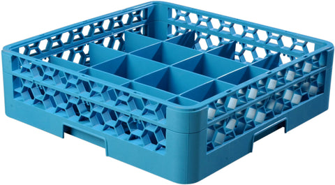 OptiClean™ RACK GLASS 16-COMPARTMENT DIVIDED TILTED W/ 1 OPEN EXTENDER CARLISLE BLUE 16 COMPARTMENT