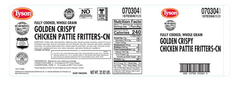 Chicken Patties Breaded Golden Crispy Whole Grain Cn 3.49 Oz 70304-0928