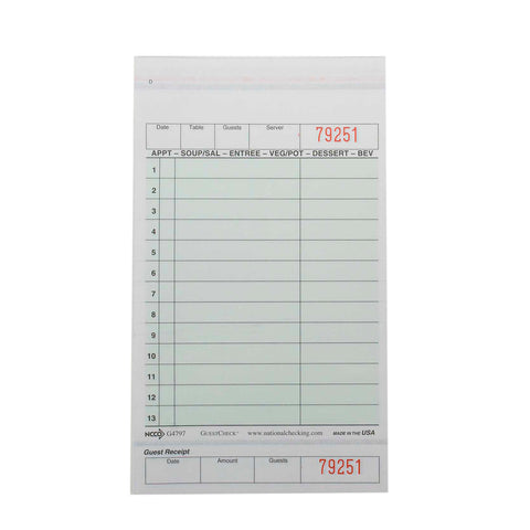 Guest Check 2 Part Green Tint Carbonless Loose 4.25x7.25