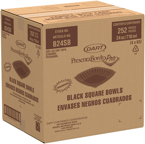Dart PresentaBowls Pro Black Polypropylene Square Bowl, 24 Ounce Capacity -- 252 per case