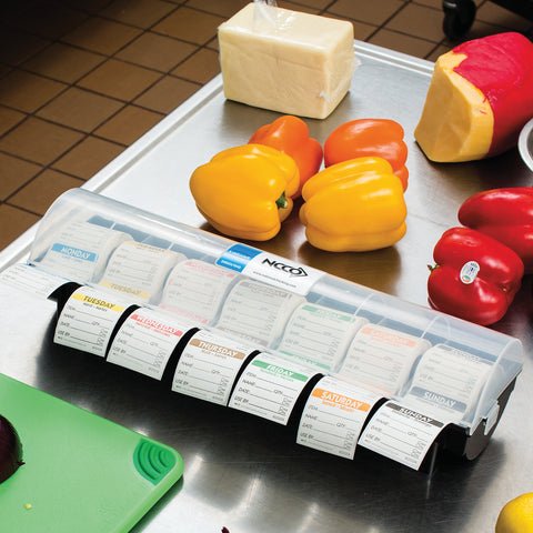 National Checking Labelocker Durable Plastic Dispenser with 7 Rolls of the 2 x 2 Day of the Week Dissolvable Labels.