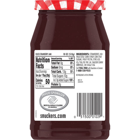 Smuckers Seedless Strawberry Jam, 18 Ounce -- 12 per case.