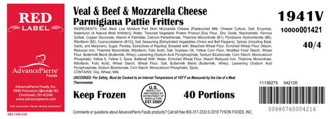 Advance Food Breaded Veal and Beef Parmigiana Patties, 4 Ounce -- 40 per case.