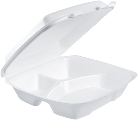 Dart Performer® CONTAINER FOAM WHITE LARGE 3-COMPARTMENT W/ REMOVABLE LID 9.4X9X3