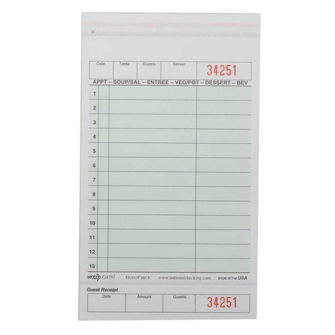 National Checking Company Carbonless Guest Check Board - 2 Part Green, 13 Line, 4.20 x 7.25 inch -- 2000 per case.