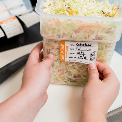 National Checking Company Dateit Orange Trilingual Item/Date/Use By Removable Label - Saturday, 2 x 3 inch -- 500 per case.