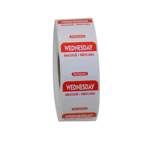 National Checking Company Dateit Red Trilingual Permanent Label - Wednesday, 1 x 1 inch -- 1000 per case.