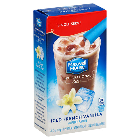 Maxwell House International Cafe Style Iced Latte Singles French Vanilla Beverage Mix, 3.42 Ounce -- 8 per case.