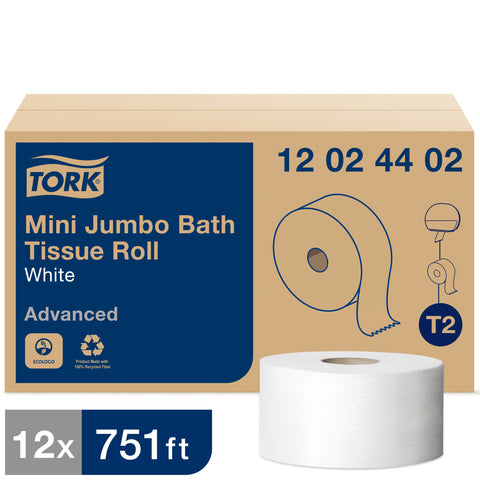 Tissue Bath Mini Jumbo Roll White 2 Ply 7.36