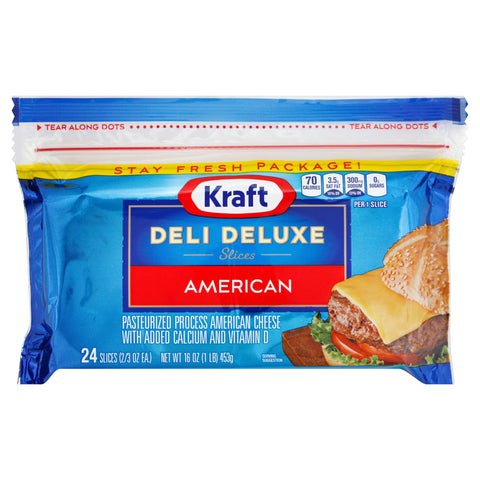 Kraft Deli Deluxe American Sliced Cheese, 16 Ounce -- 12 per case.