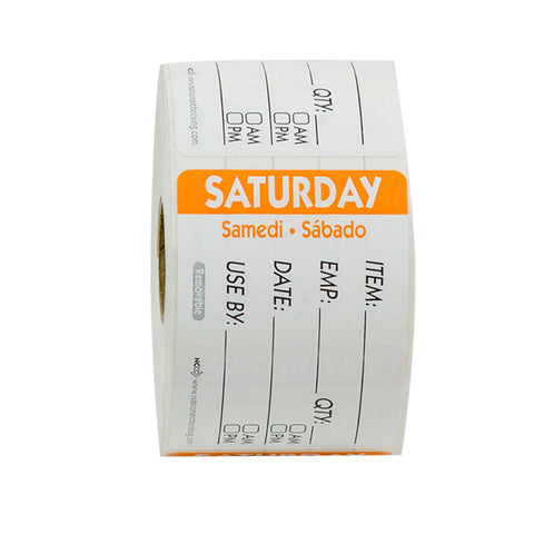 National Checking Company Dateit Orange Trilingual Item/Date/Use By Removable Label - Saturday, 2 x 3 inch -- 500 per case.