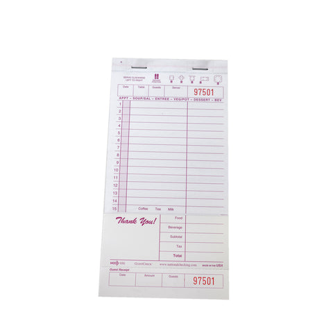 National Checking Company Carbonless Guest Check Board - 2 Part Maroon, 15 Line, 4.20 x 8.38 inch -- 2000 per case.