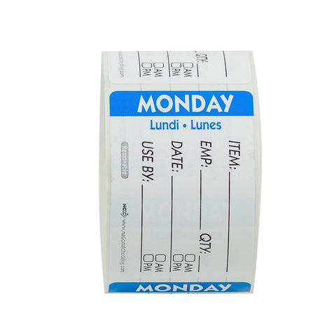 National Checking Company Dateit Blue Trilingual Item/Date/Use By Removable Label - Monday, 2 x 3 inch -- 500 per case.