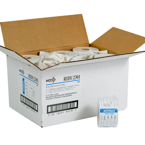 National Checking Company Dateit Blue Trilingual Item/Date/Use By Removable Label - Monday, 2 x 3 inch -- 500 per case.