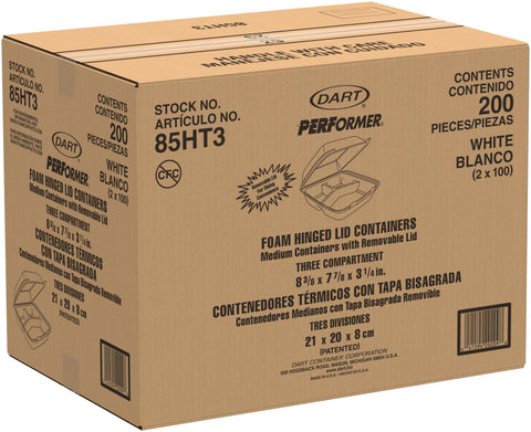 Container Foam 3-compartment Hinged Lid 8.37x7.87