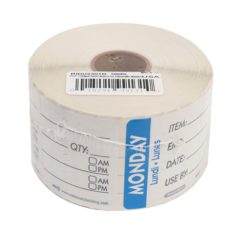 National Checking Company Dateit Blue Trilingual Item/Date/Use By Removable Label - Monday, 2 x 3 inch -- 500 per case.