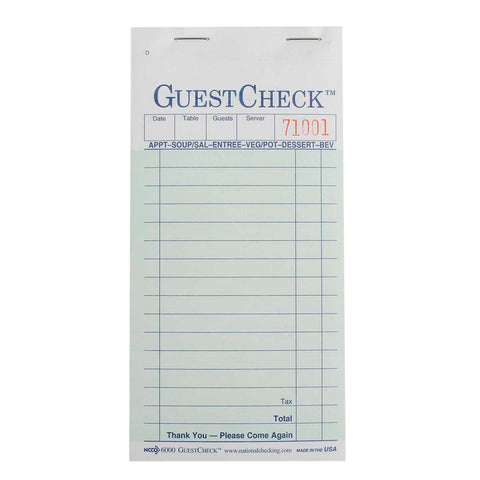 National Checking Company Interleaving Carbon Guest Check Paper - 2 Part Green, 17 Line, 3.5 x 6.75 inch -- 2500 per case.