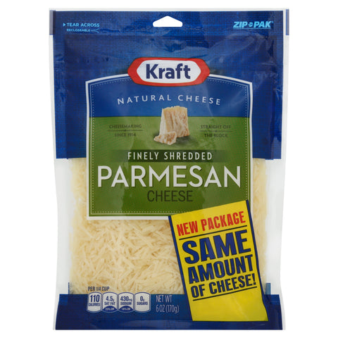 Kraft Zip Pak Natural Finely Shredded Parmesan Cheese, 6 Ounce -- 12 per case.