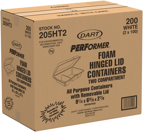 Dart Performer® CONTAINER FOAM HINGED LID WHITE TWO COMPARTMENT 9.3X6.4X2.9