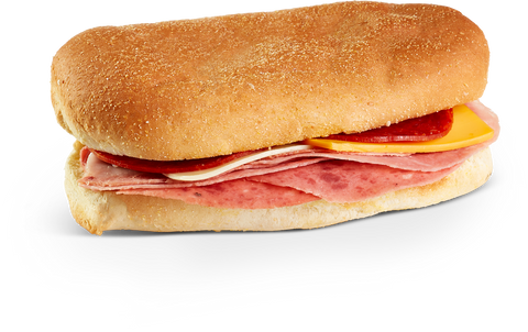 Mom's SANDWICH HAM SALAMI PEPPERONI W/ CHEESE AMERICAN & SWISS BUN CORN DUSTED