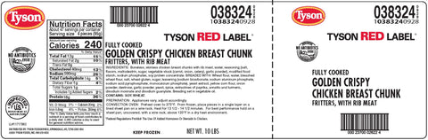 Tyson Frozen Fully Cooked Golden Crispy Chicken Breast Chunk Fritters with Rib Meat, 10 Pounds.