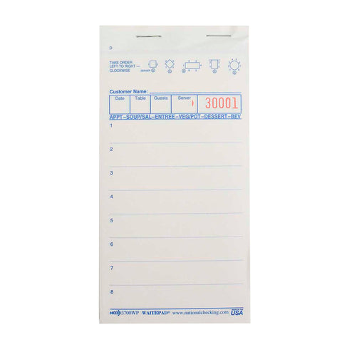 National Checking Company Carbonless Waitrpad Paper - 3 Part White, 8 Line, 3.40 x 6.75 inch -- 2500 per case.