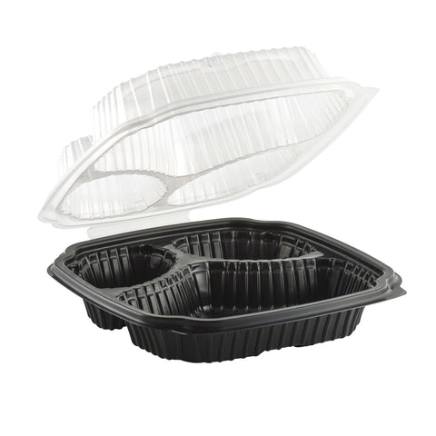 Culinary Classics® CONTAINER MICROWAVABLE 3-COMPARTMENT BASE/3-COMPARTMENT VENTED LID HINGED CLAMSHELL CC9933B 9X9