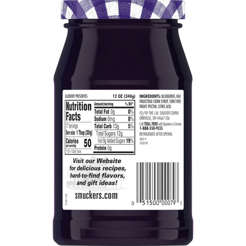 Smuckers Blueberry Preserves, 12 Ounce -- 12 per case.