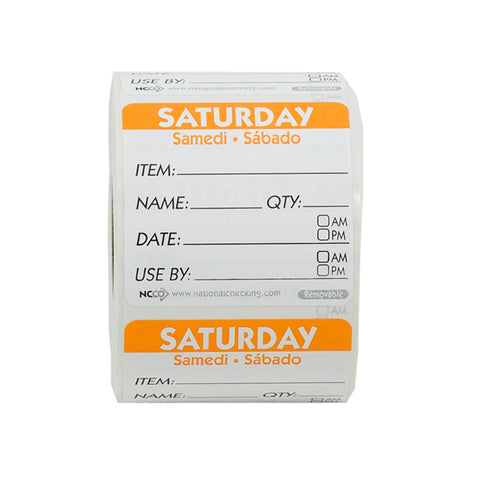 DateIt™ LABEL TRILINGUAL ITEM/DATE/USE BY REMOVABLE ORANGE SATURDAY 2X2