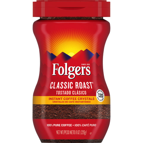 Folgers Classic Roast Caffeinated Instant Coffee Crystals, 8 Ounce -- 6 per case
