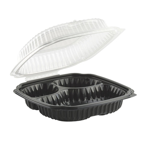 Container Plastic Hinged Black Base Clear Lid 3-compartment Cl91031 10.5x9.5