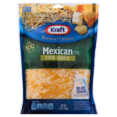 Kraft Finely Shredded Mexican Style Four Cheese, 8 Ounce -- 12 per case.