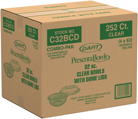PresentaBowls® BOWL PLASTIC CLEAR COMBO W/ LID 32 OZ