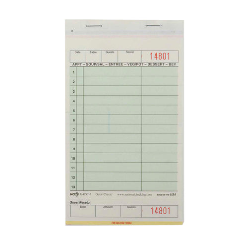 National Checking Company Carbonless Guest Check Board - 3 Part Green, 13 Line, 4.20 x 7.25 inch -- 2000 per case.