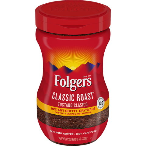 Folgers Classic Roast Caffeinated Instant Coffee Crystals, 8 Ounce -- 6 per case