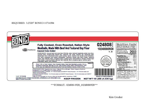 Tyson Fully Cooked Oven Roasted Italian Style Beef Meatball, 10 Pound.