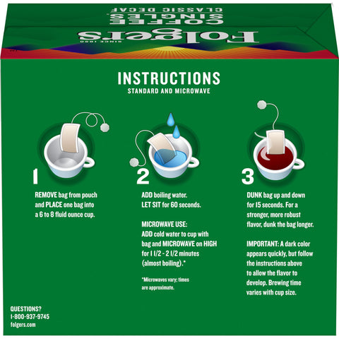 Folgers Decaffeinated Coffee Singles - 19 coffee bags per box, 12 boxes per case