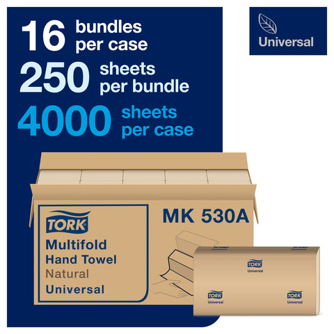 Tork Natural Paper Universal Multifold Hand Towel, 9.13 x 9.5 inch - 250 per pack -- 16 packs per case