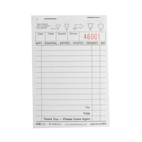 National Checking Company Waitrpad Paper - 1 Part White, 13 Line, 3.5 x 5.125 inch -- 10000 per case.