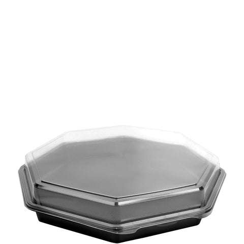 Creative Carryouts® CONTAINER OCTAVIEW® PLASTIC BLACK HINGED COMBO W/ CLEAR LID 12
