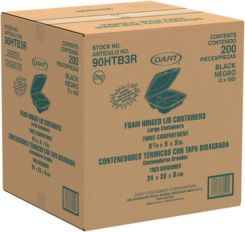 Dart CONTAINER FOAM HINGED LID BLACK 1-COMPARTMENT 9X9X3