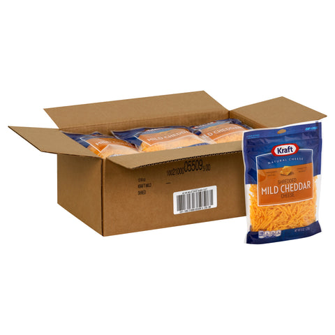Kraft Zip Pak Shredded Mild Cheddar Cheese, 8 Ounce -- 12 per case.
