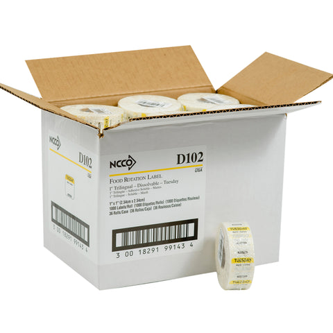 National Checking Company Dateit Yellow Trilingual Dissolvable Label - Tuesday, 1 x 1 inch -- 1000 per case.