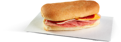 Mom's SANDWICH HAM SALAMI PEPPERONI W/ CHEESE AMERICAN & SWISS BUN CORN DUSTED