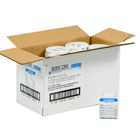 DateIt™ LABEL TRILINGUAL ITEM/DATE/USE BY REMOVABLE BLUE MONDAY 2X2