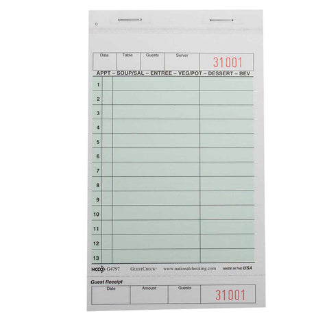 Guest Check 2-part Green No Carbon 13 Line 4.25x7.25
