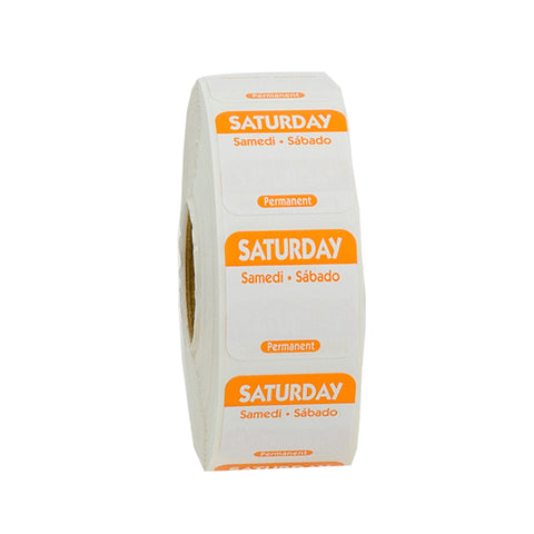 National Checking Company Dateit Orange Trilingual Permanent Label - Saturday, 1 x 1 inch -- 1000 per case.
