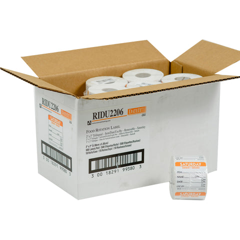 DateIt™ LABEL TRILINGUAL ITEM/DATE/USE BY REMOVABLE ORANGE SATURDAY 2X2