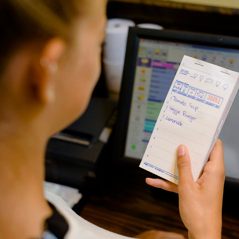National Checking Company Carbonless Waitrpad Paper - 3 Part White, 8 Line, 3.40 x 6.75 inch -- 2500 per case.