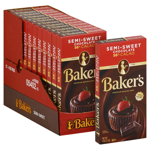 Baker's Premium Semi Sweet Chocolate Baking Bar, 4 Ounce -- 12 per case